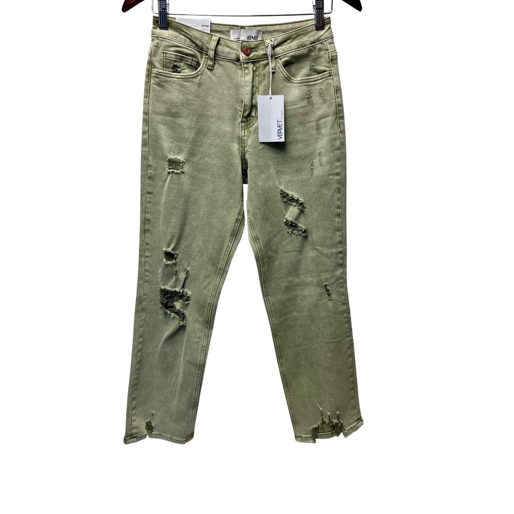 Vervet Victoria Jeans 26 Sage Green High Rise Distressed Streetwear Grunge NEW